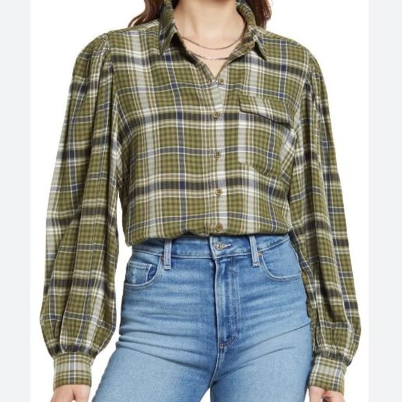 Treasure & Bond Tops - TREASURE & BOND Plaid Puff Shoulder Button-Up Top